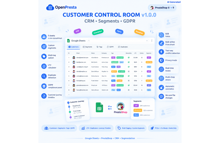 Google Sheets Customer CRM for PrestaShop 8-9 | Segments, Tags, GDPR | OpenPresta