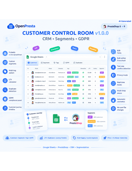 Google Sheets Customer CRM for PrestaShop 8-9 | Segments, Tags, GDPR | OpenPresta