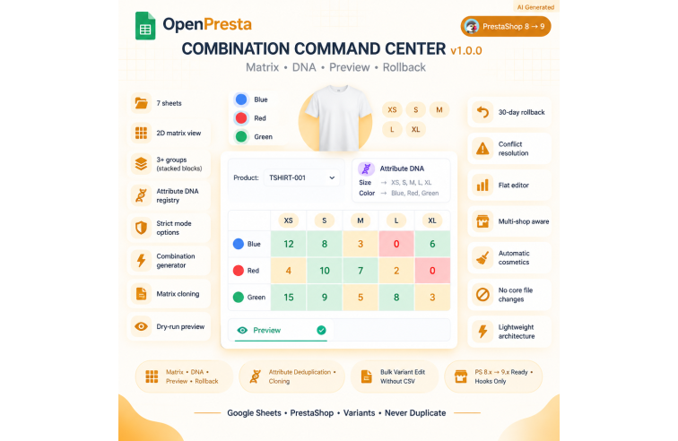 Google Sheets Combination Manager for PrestaShop 8-9 | Variant Bulk Edit | OpenPresta