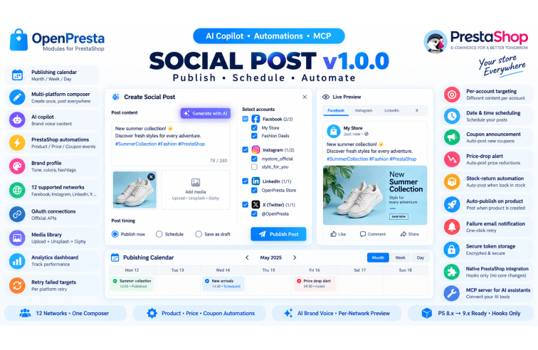 Social Post for PrestaShop 8-9 | Schedule & Automate to 12 Networks | OpenPresta