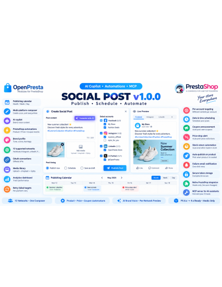 Social Post for PrestaShop 8-9 | Schedule & Automate to 12 Networks | OpenPresta