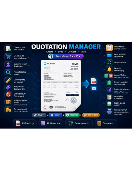 Professional quotes in PrestaShop. Create from cart, custom prices, PDF, email, accept/refuse, convert to order. B2B ready.