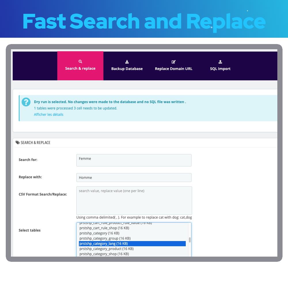 Database Search and Replace Prestashop Module fast replace prestashp