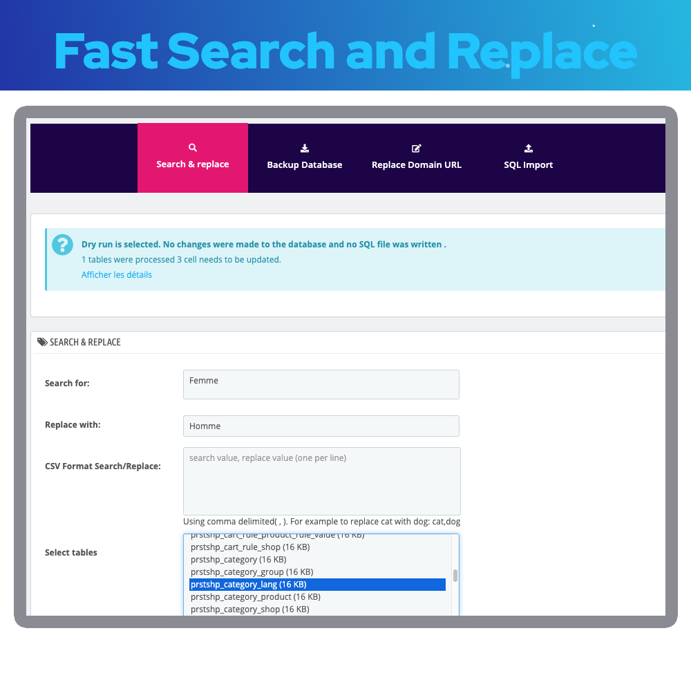 Search and Replace Database Prestashop Module 2 module prestashop search replace 2