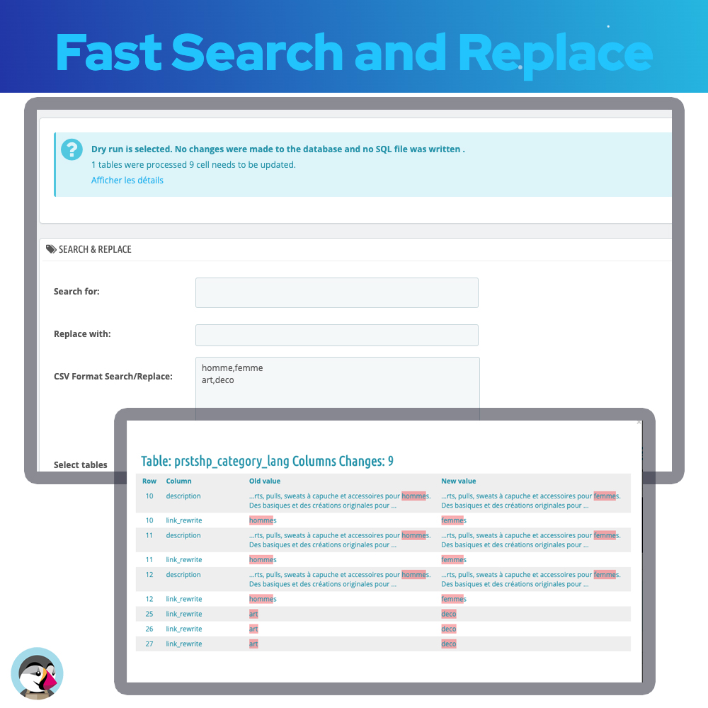 Database Search and Replace Prestashop Module rapide replace prestashop