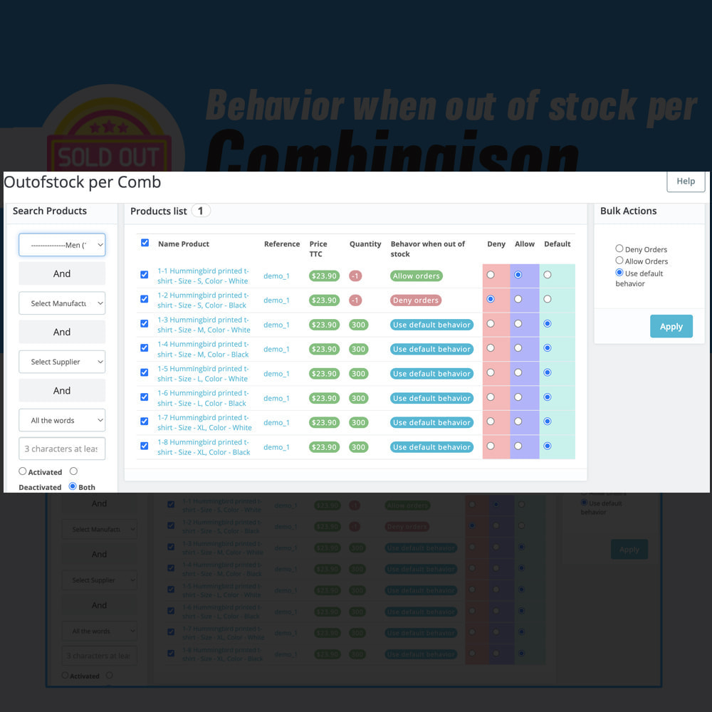 Behavior when out of stock per Combinaison 2 behavior when out of stock per combinaison 1