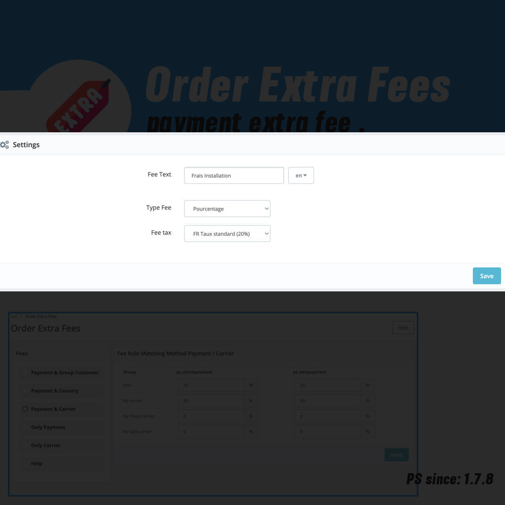 Prestashop Extra Fees additional charge allow order combinaison