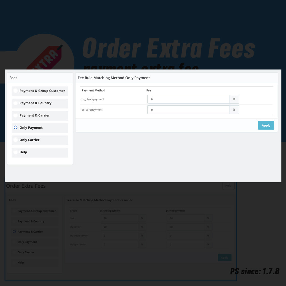 Prestashop Extra Fees additional charge allow order combinaison