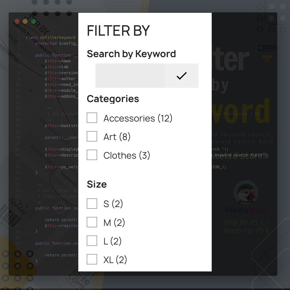 Filter by keyword extend for Faceted search Prestashop 2 by keyword extend for Faceted search Prestashop